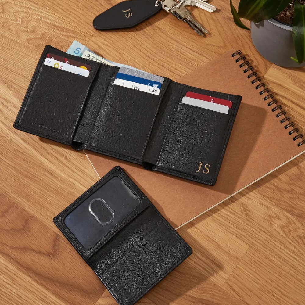  Black Mens Genuine Leather Monogrammed Tri-Fold Wallet