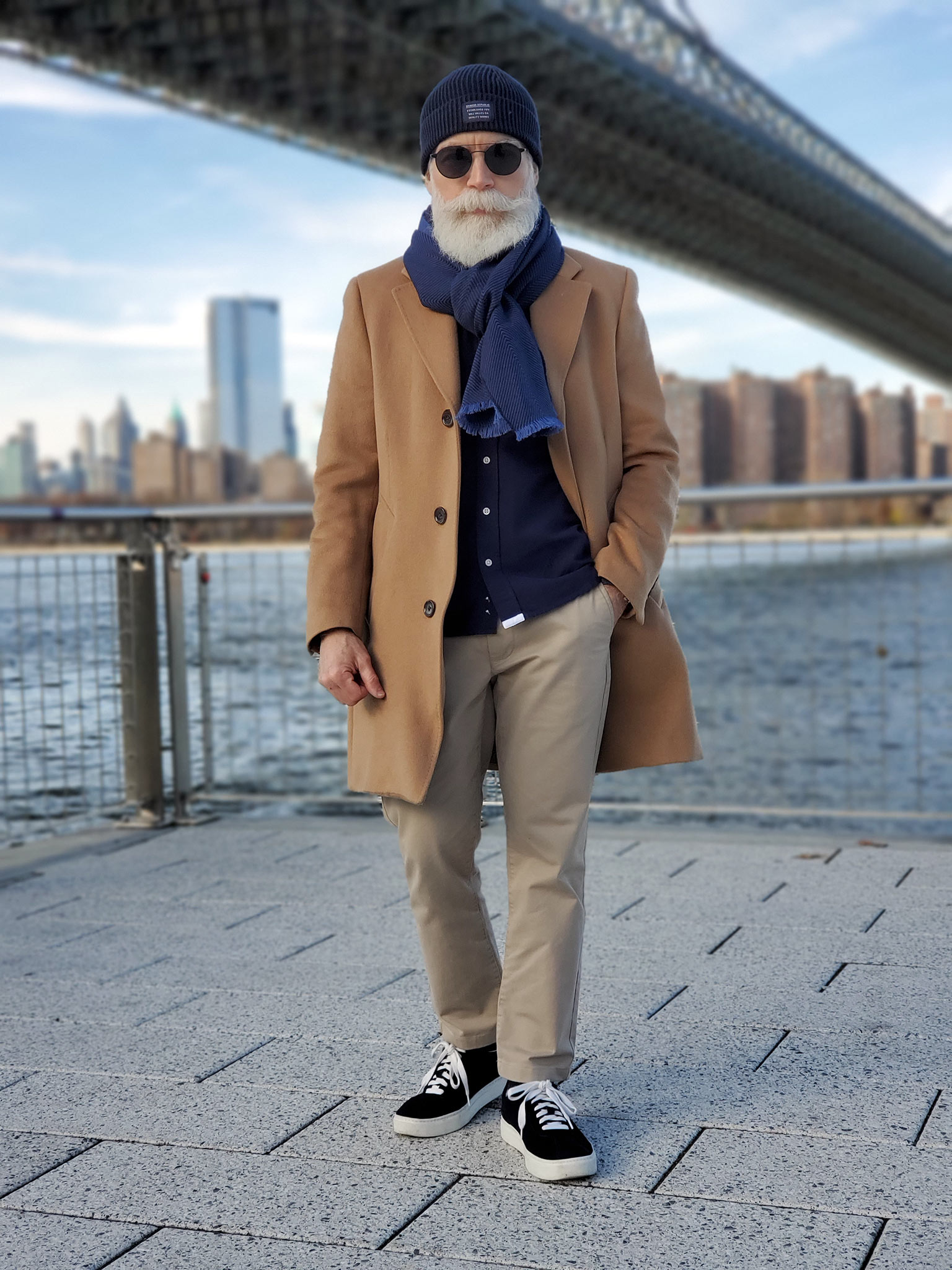 Camel Overcoat, Beanie and Sneakers - The Modest Man